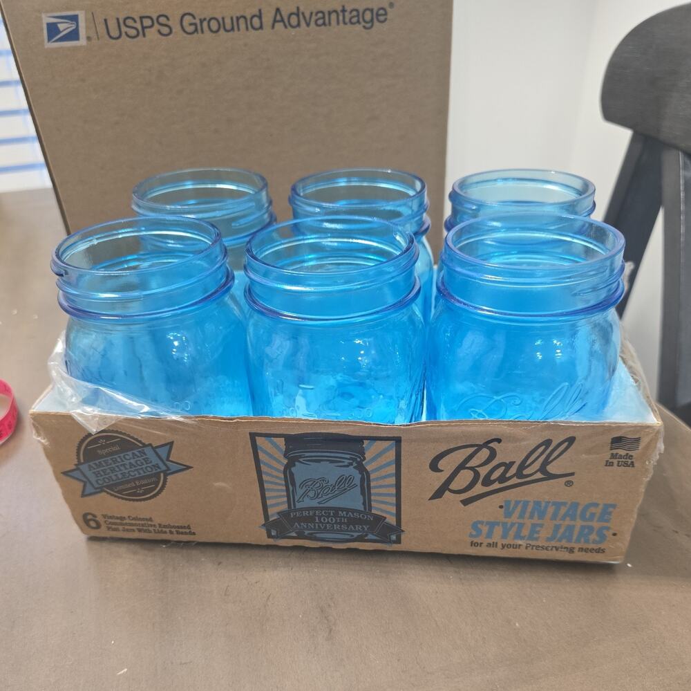 VTG Preowned Ball Mason Blue Pint Jars 100th Anniversary American Heritage 6